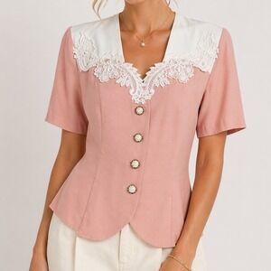 Vintage Perceptions 90s Scalloped Lace Collar Blouse Women 12 Career Chic